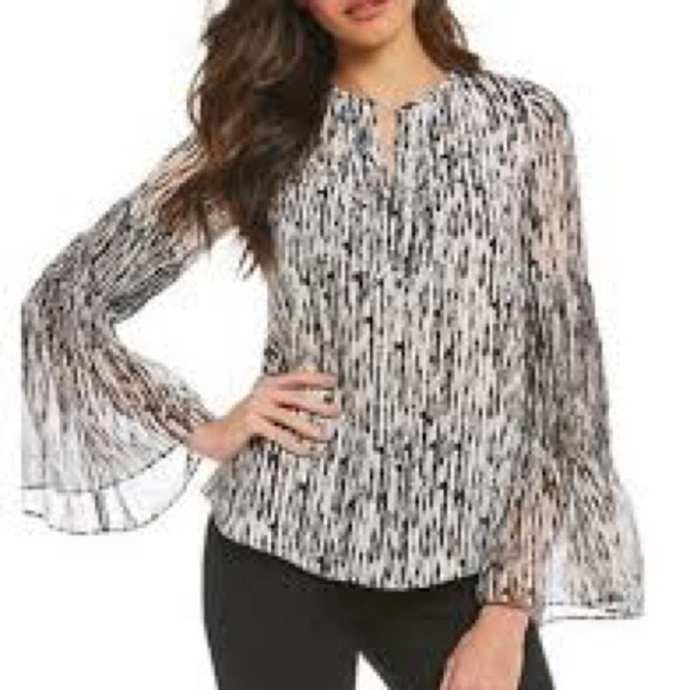 H by Halston black and white raindrop womens blouse with bell sleeves medium